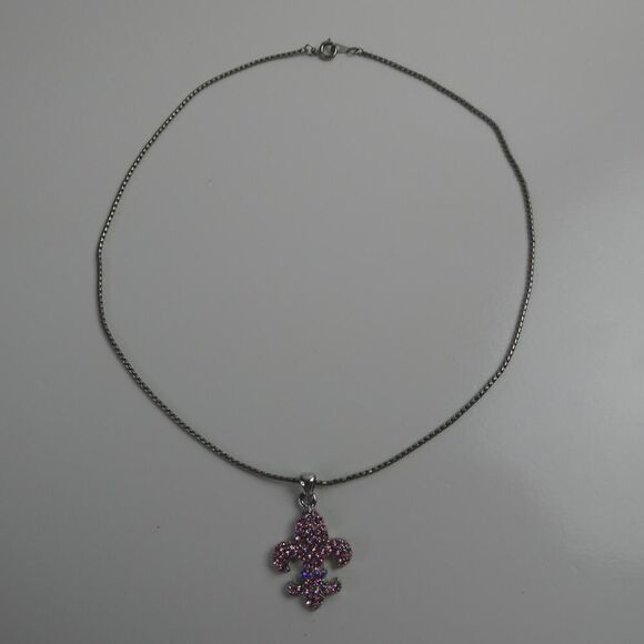 Fleur De Lis Flower Pink Iridescent Rhinestone Sparkly Pendant Necklace 15+" - Picture 2 of 9